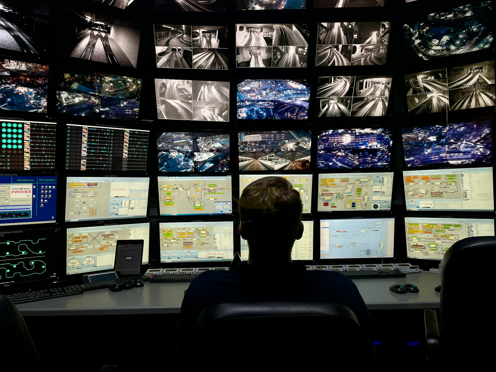 Operator monitoring a wall of CCTV screens in a control room