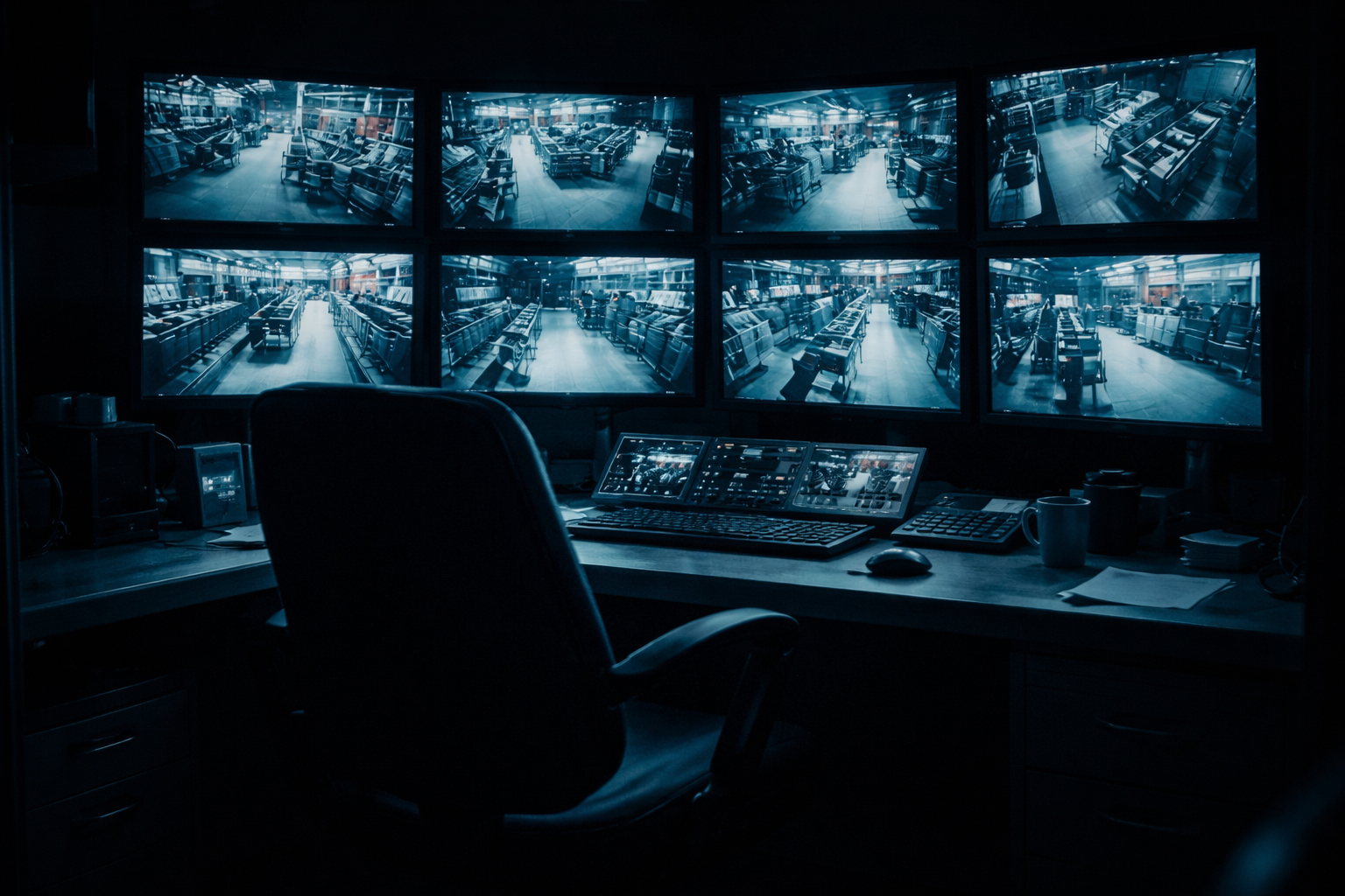 Empty security control room with multiple CCTV screens