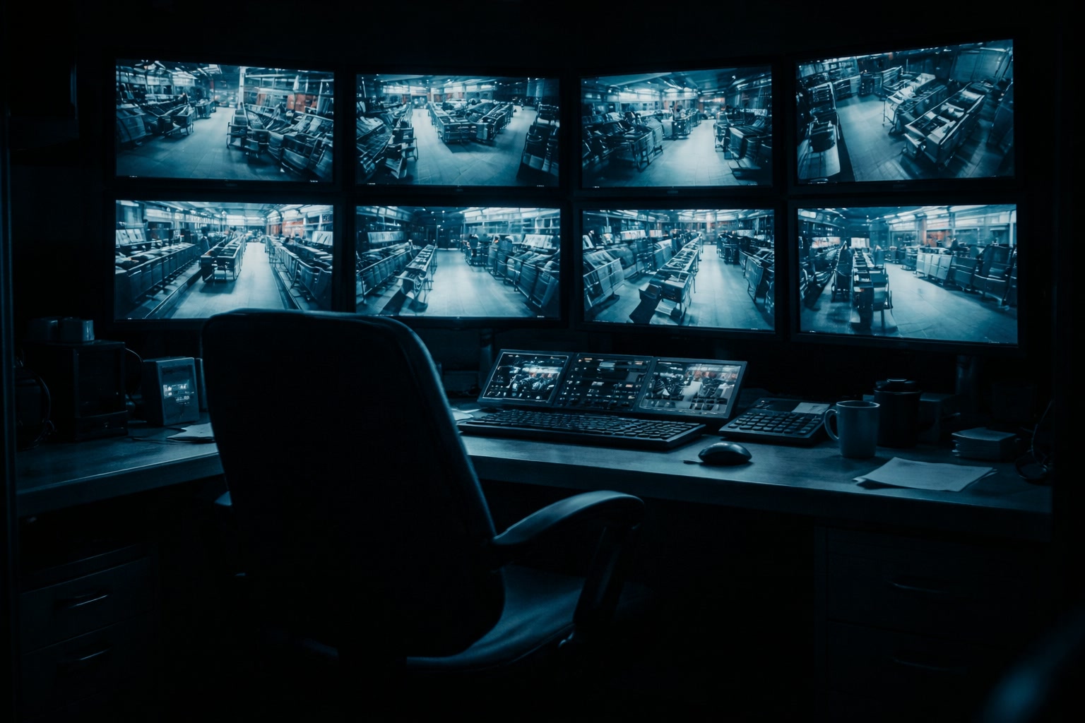 Empty security control room with multiple CCTV screens