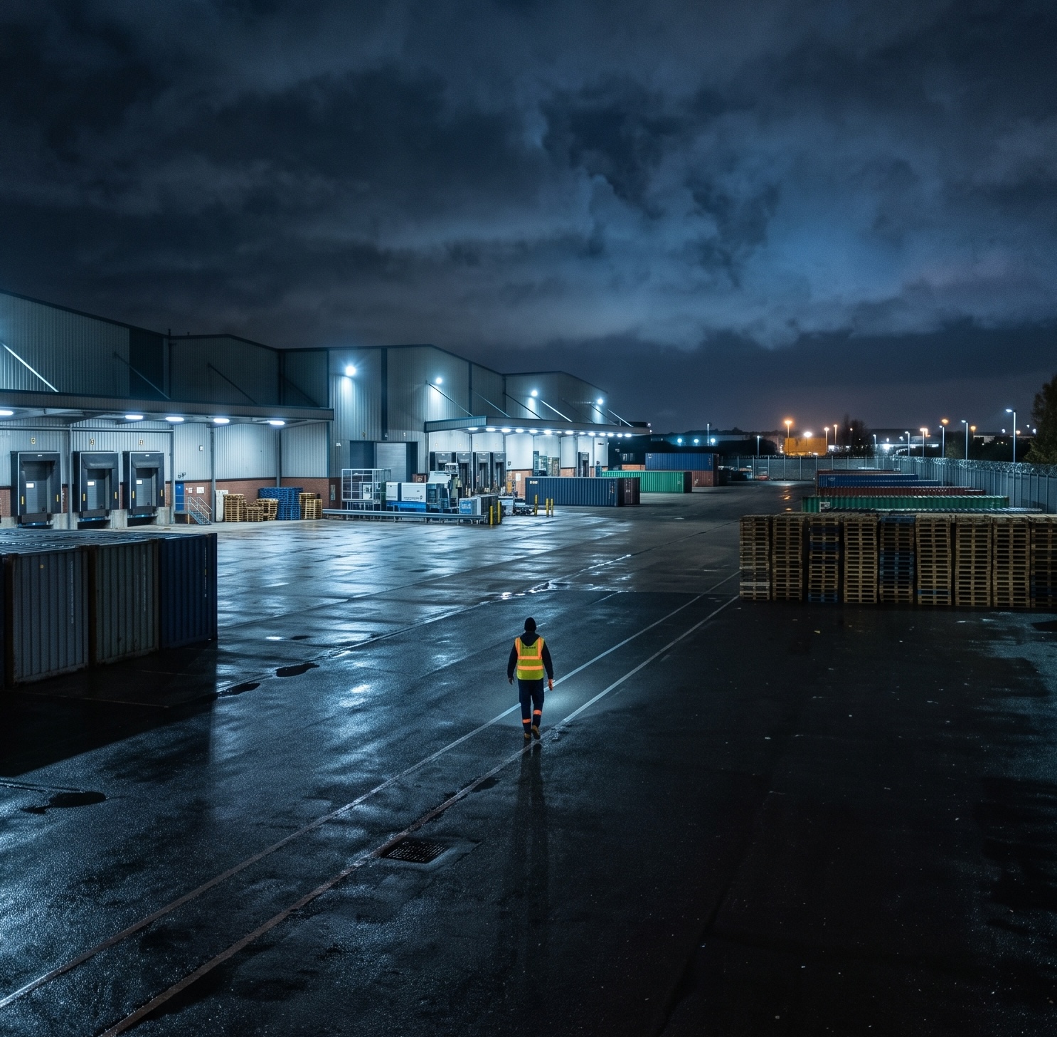 A lone security guard in a hi-vis vest walking away down a lit line in an industrial yard at night, watched by CCTV