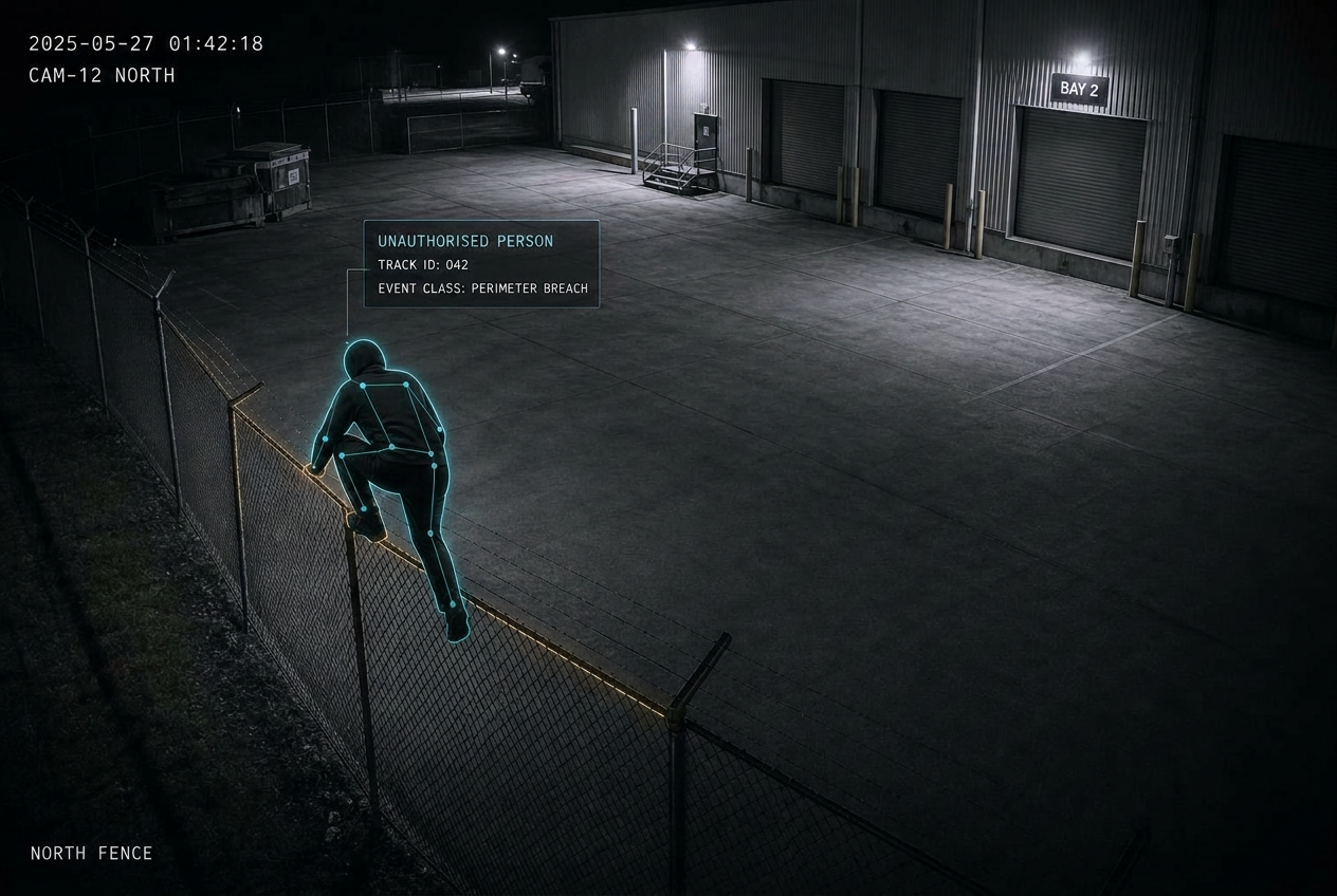 CCTV footage showing AI-detected perimeter breach at north fence